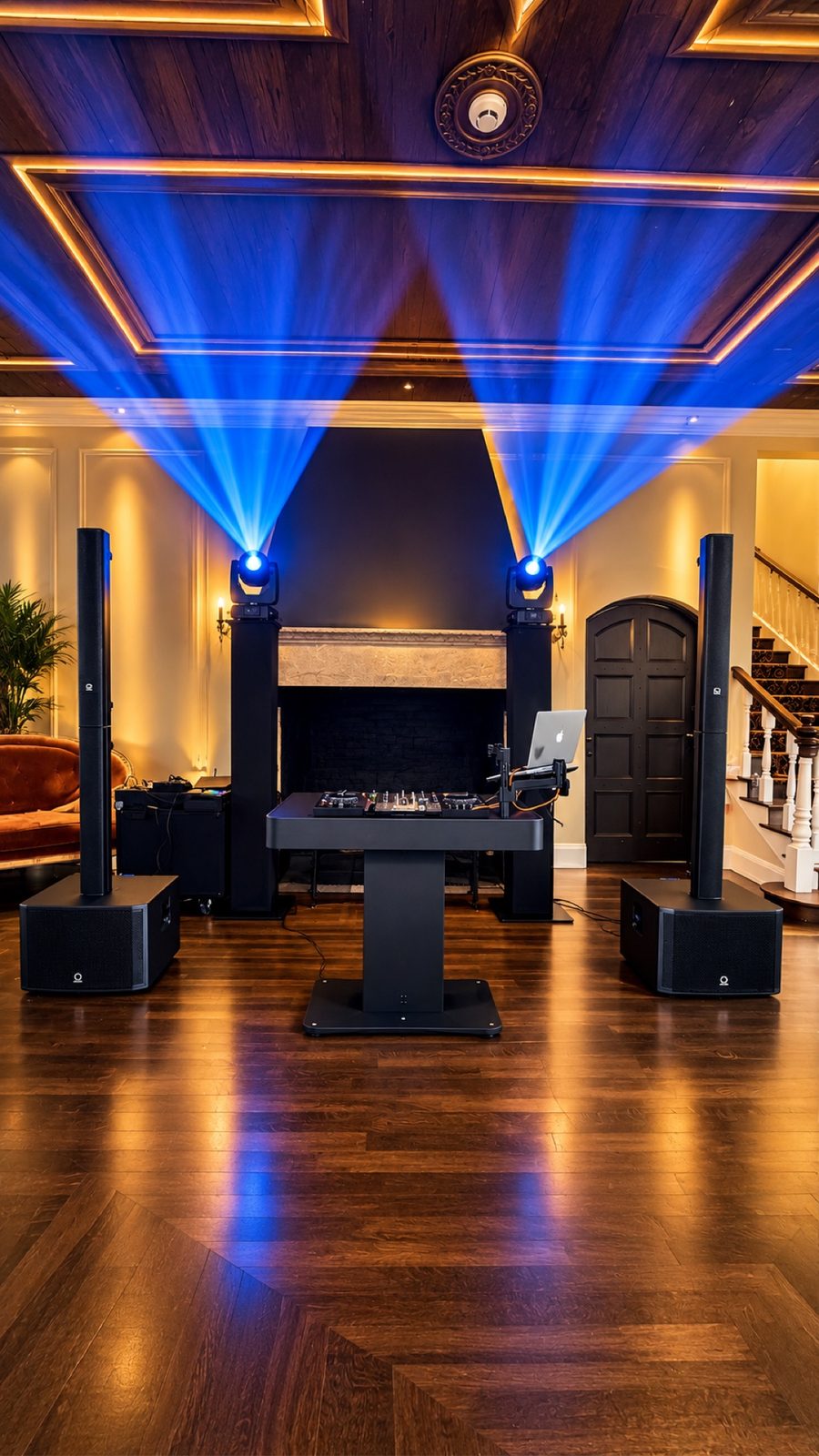 Elegant private event with SHINNO DJ setup and blue architectural lighting