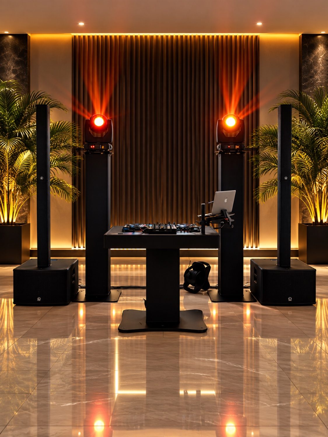 Premium DJ booth with red stage lighting at a luxury venue