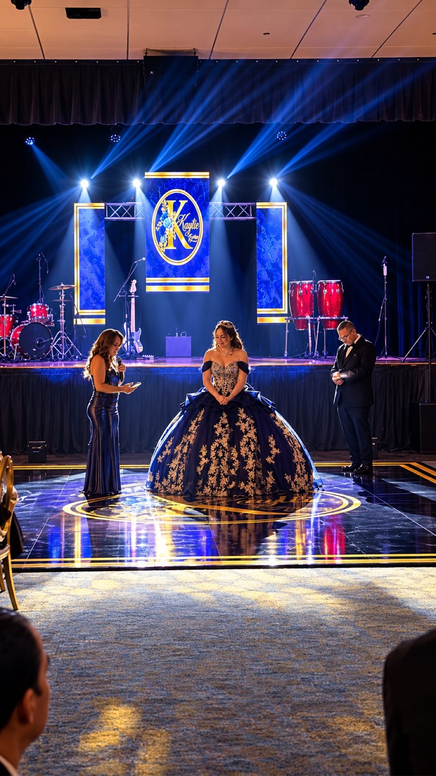 Custom monogram stage with blue lighting design