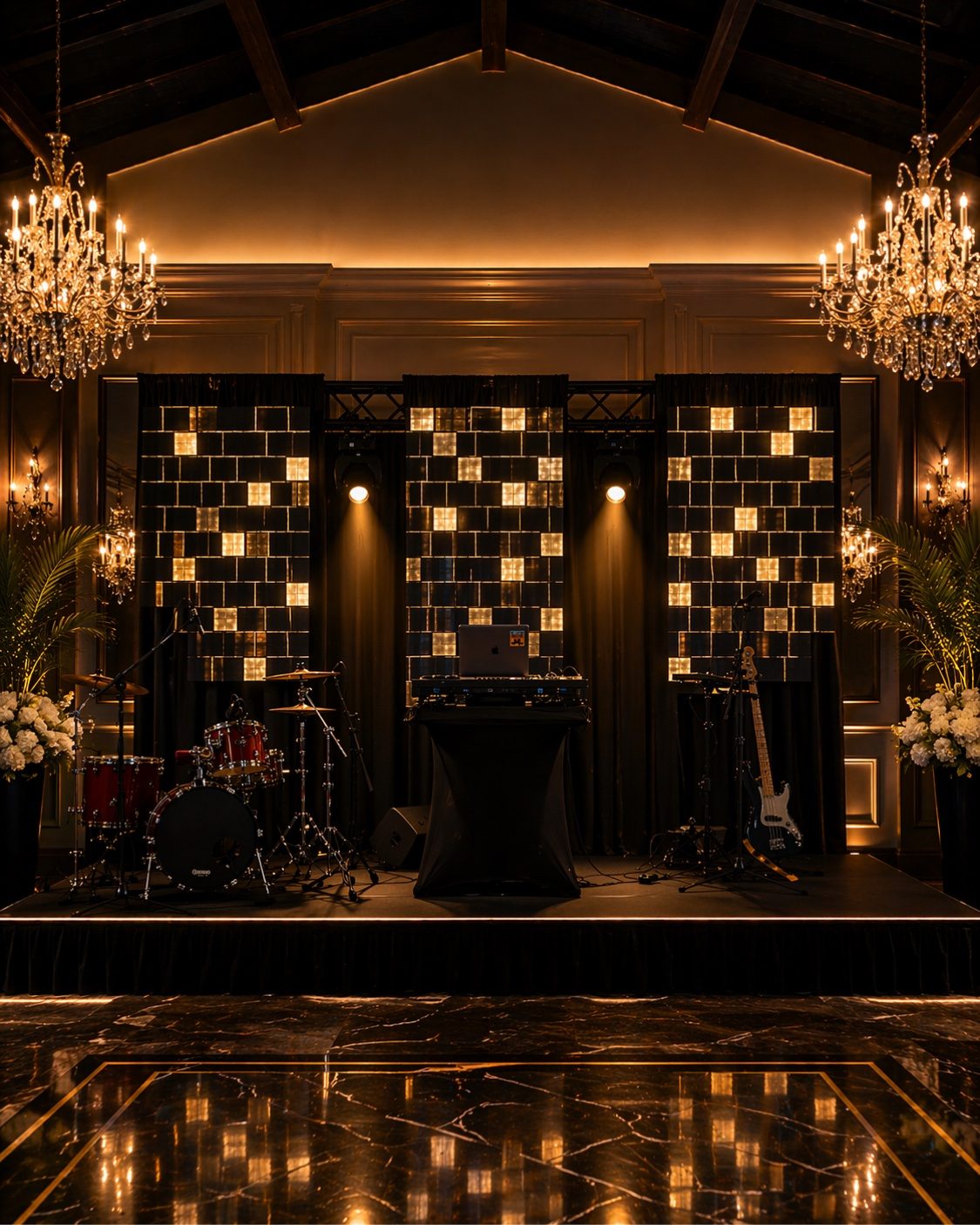 Full band stage with gold shimmer design