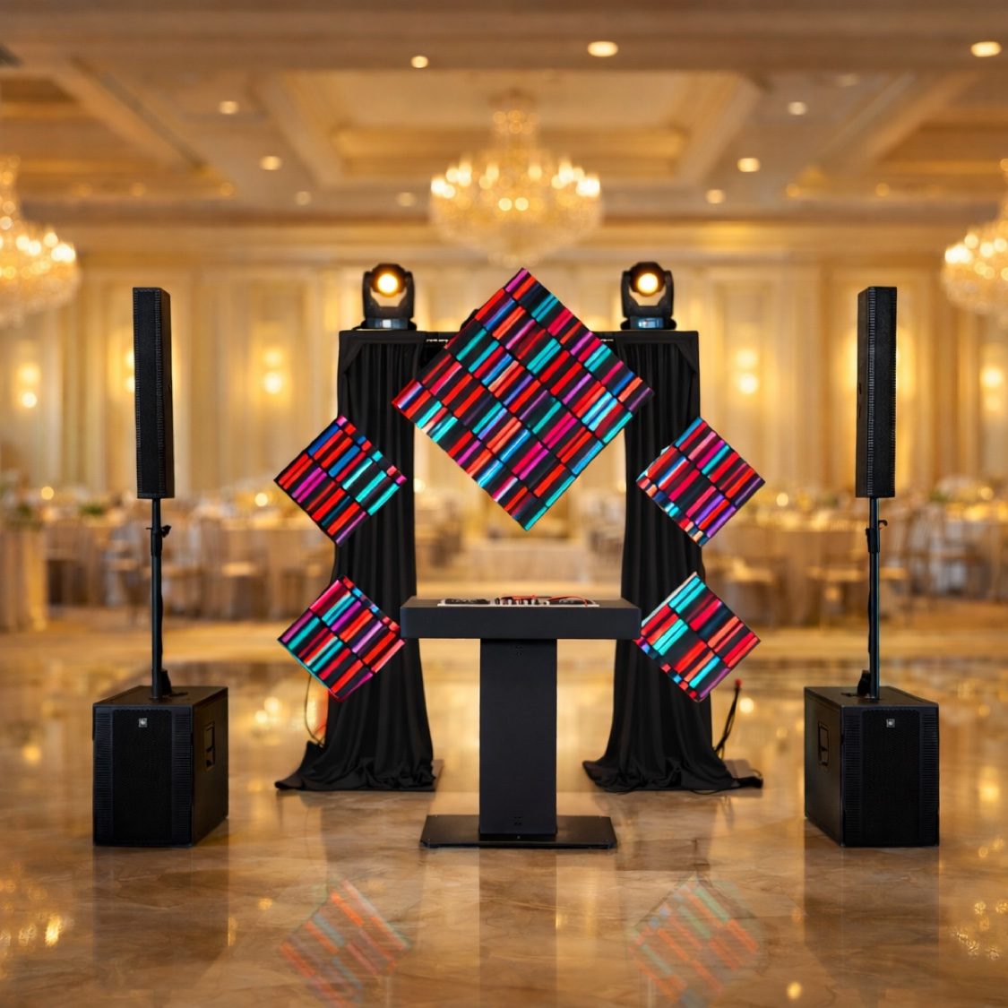 DJ booth with artistic LED panel installation