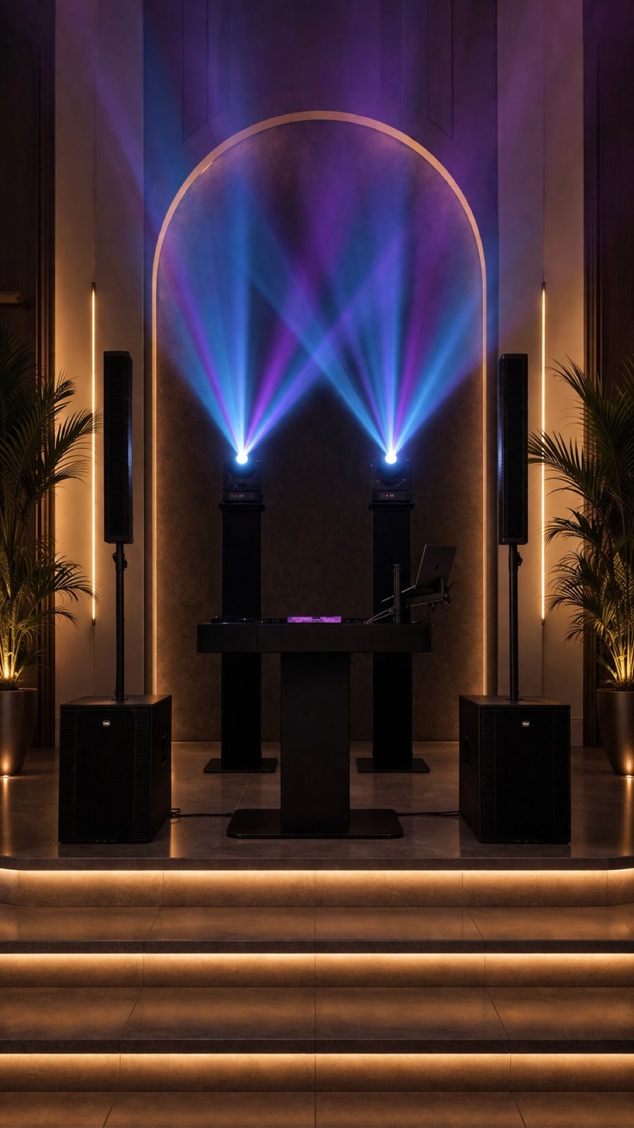 DJ setup with purple and blue moving head lighting