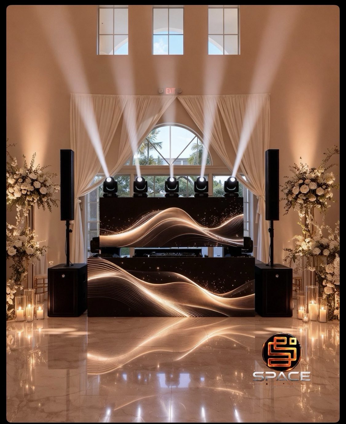Luxury wedding DJ booth with custom LED visuals