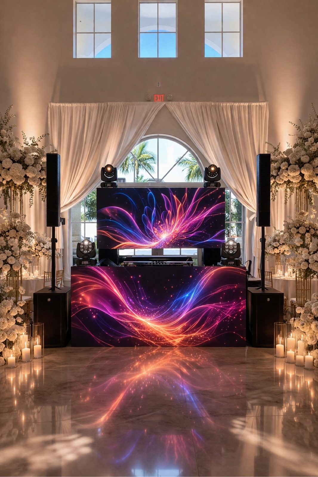 Luxury wedding DJ booth with violet LED waves and candlelight