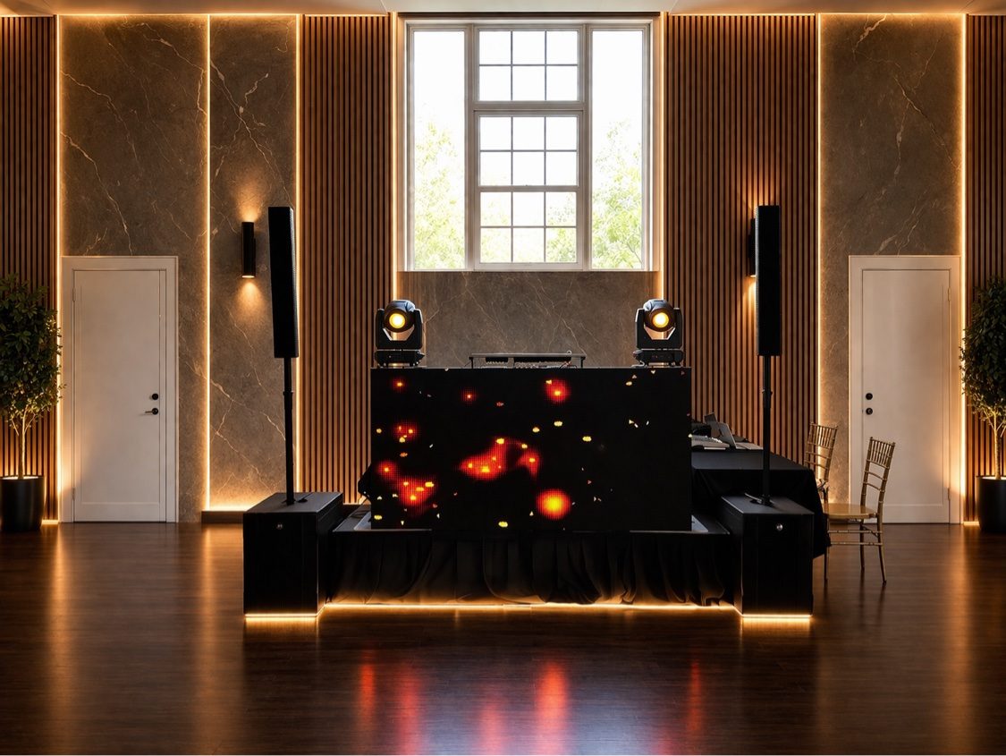 Modern DJ booth with red LED display in wood-paneled venue