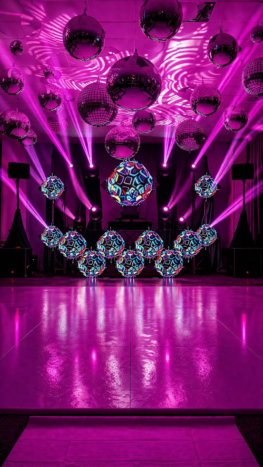 Disco ball ceiling installation with purple lighting and LED DJ booth