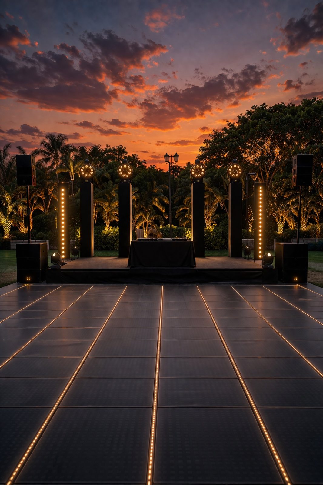 Outdoor sunset event stage with illuminated towers