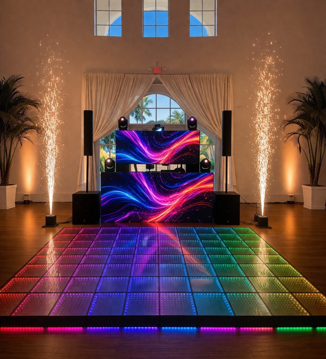 DJ booth with cold spark effects and rainbow LED dance floor