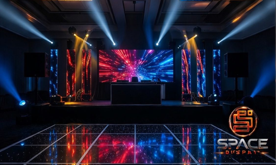 LED video wall with red and blue burst visuals and dance floor