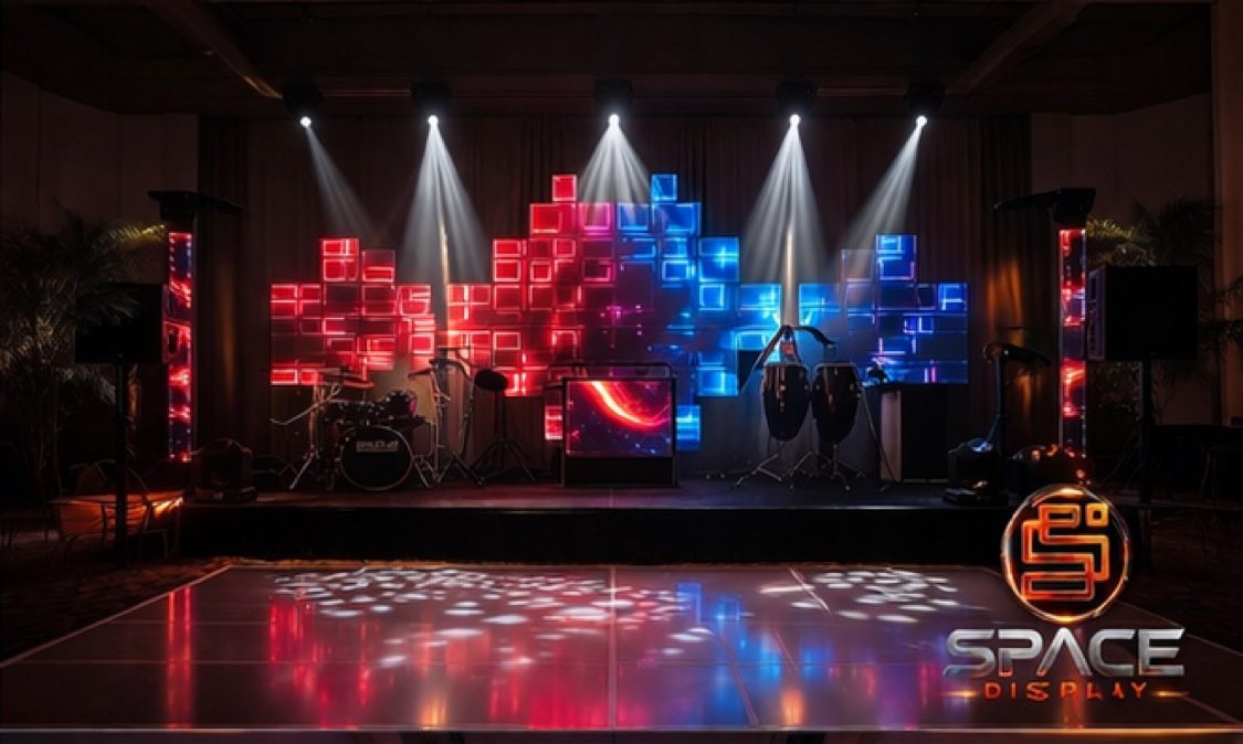 Stage with red and blue LED cube wall, drums and percussion