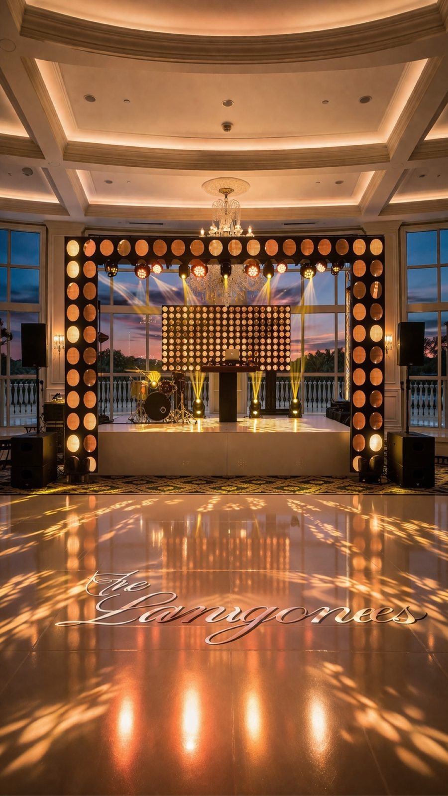 Golden light arch stage with personalized monogram dance floor