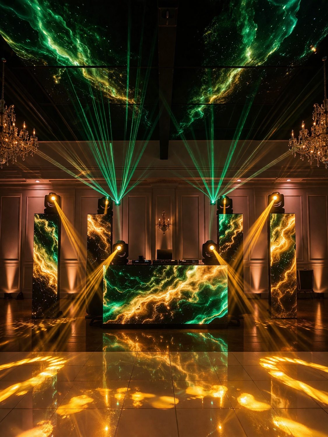 DJ booth with green and gold LED panels and laser beams