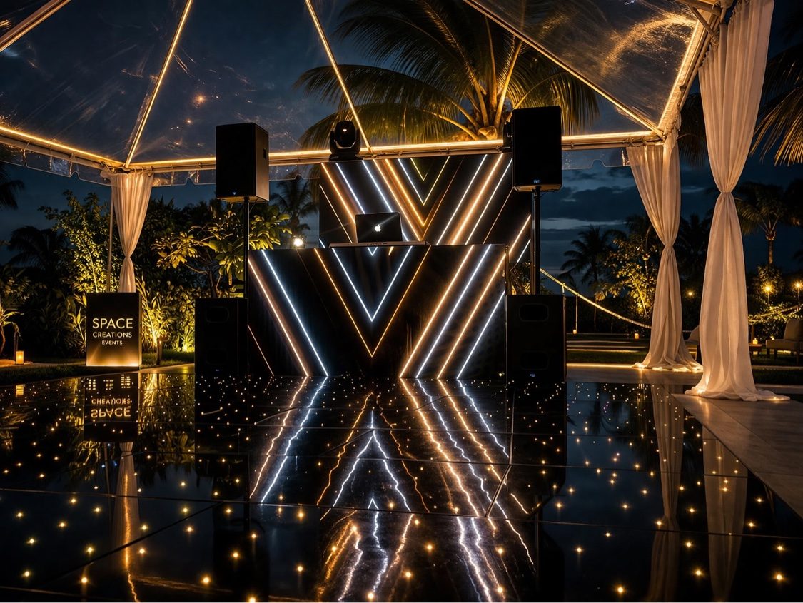 LED DJ booth under a clear tent at a night event