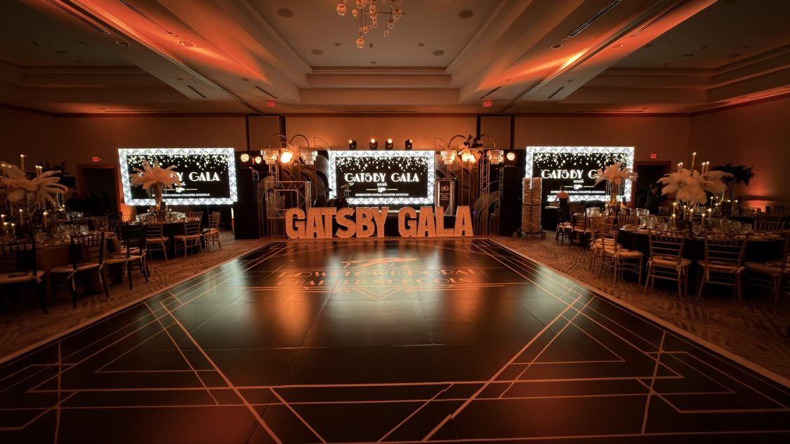 Gatsby Gala ballroom with LED screens and art deco dance floor