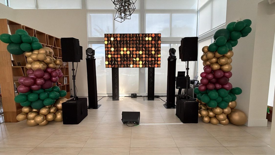 Balloon column entrance with LED screen and sound system