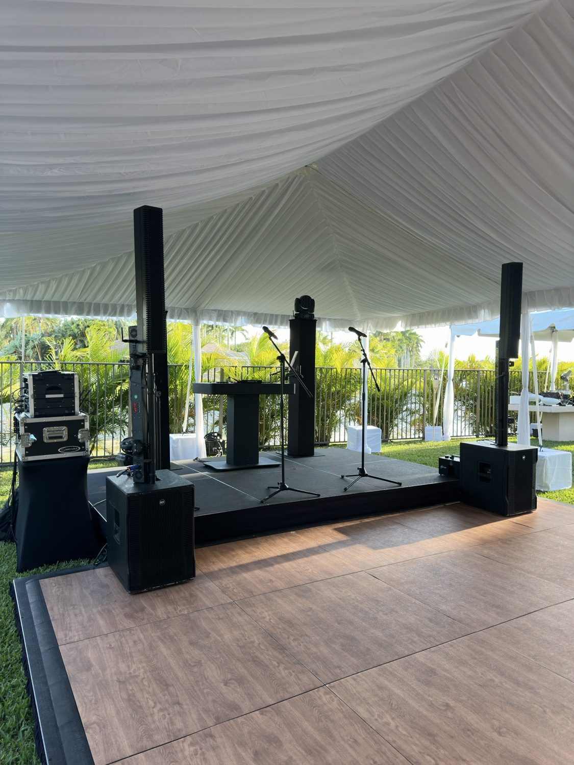Outdoor tent DJ stage with full sound system